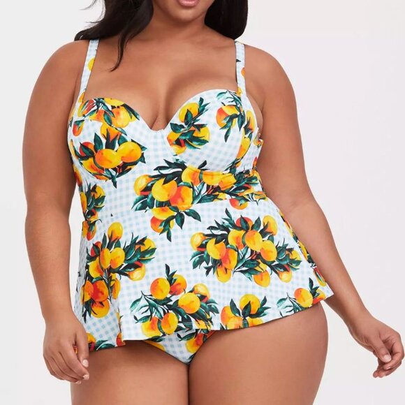 Torrid Lemon Orange Gingham Print Flouncy Swimsuit Molded Cup 2X Plus